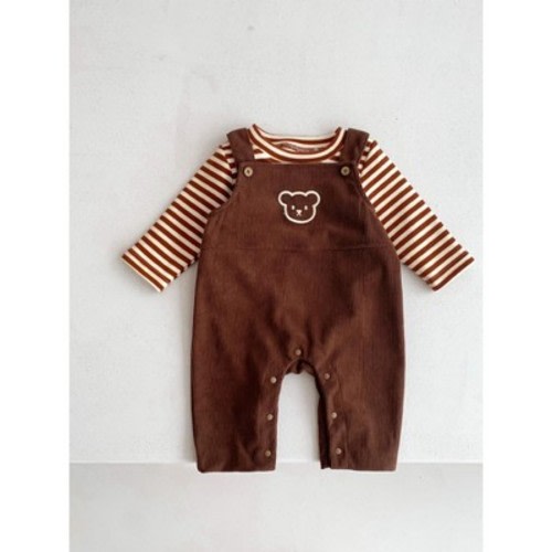 MyKids-USA Infant Baby Bear Head Corduroy Combo Overalls In Sets Brown 66