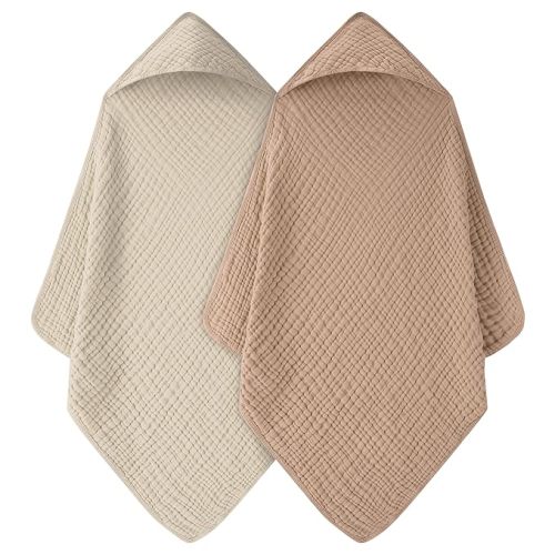 Baby Bath Towels, 100% Muslin Cotton Hooded Baby Towels for Newborn, 2 Pack Baby Towels with Hood for Infant Toddler and Kids, Large 32x32Inch, Soft and Absorbent