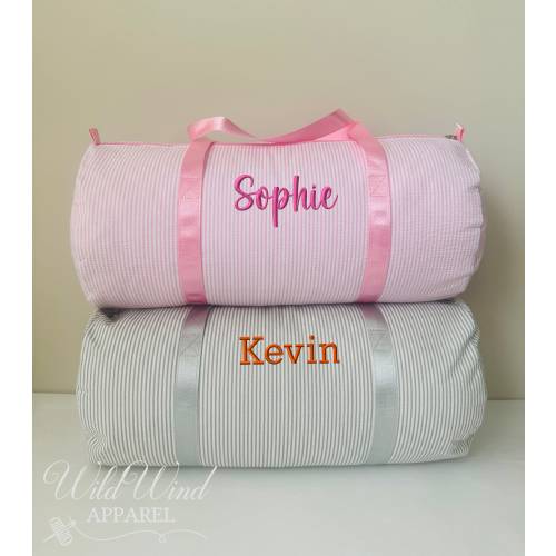 Personalized Seersucker Duffle Bag, Kids Duffle Bag, Embroidered Name Bag, Personalized Kids Bag, Sleepover Bag, Kids Sports Bag
