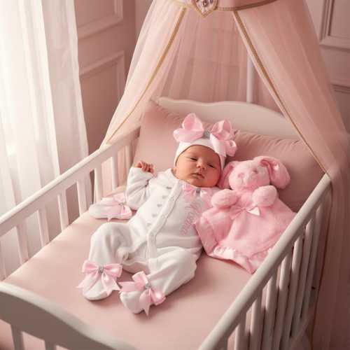 Newborn baby girl outfit hat headband sleepsuit babygrow mitts set   Personalised add a bunny rabbit  or add a blanket Or keepsake suitcase