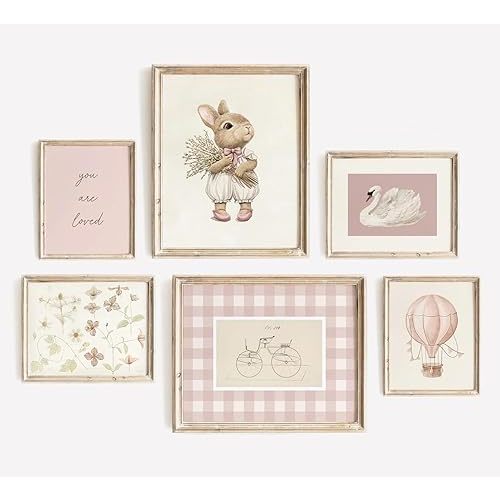 Pink Nursery Wall Art Baby Girl Canvas Wall Decor Vintage Poster Bunny Flower Wall Art Antique Preppy Pictures Animal Floral Prints Kids Swans Painting for Girls Room Bedroom 8x10x6 Inch Unframed