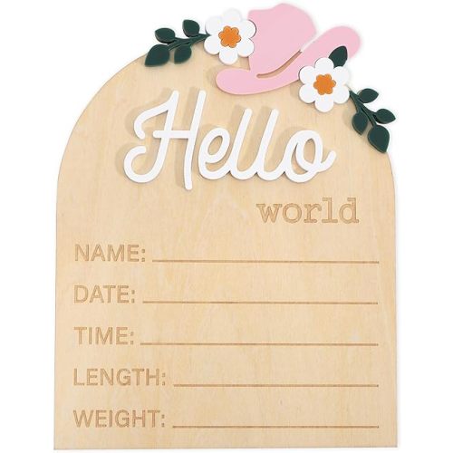 Wooden "Hello World" Baby Announcement Board - Newborn Birth Sign, Baby Shower Decor, Hospital Nursery Information Board, Baby Milestone Photo Prop, Gender Neutral Keepsake (Cowgirl Boot&Bow Western Cowbaby)