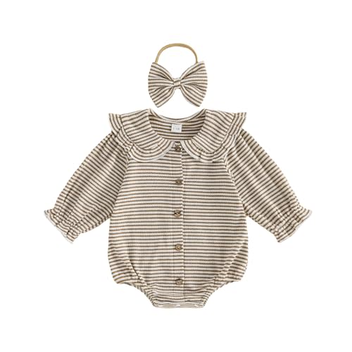 Newborn Baby Girl Waffle Romper Striped Peter Pan Collar Long Sleeve Button Up Bodysuit Cute Fall Outfit 0 3 6 12 18M