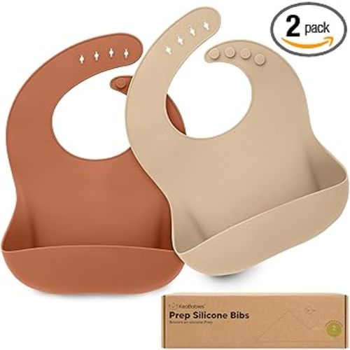KeaBabies 2-Pack Silicone Baby Bibs for Eating - Sturdy Food-Grade Silicone Bibs for Babies Girl, Boy, Large Food Catcher, Clean & Put On Easily, Waterproof Toddler Feeding Essentials (Terracotta)