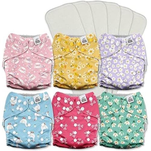Mama Koala 3.0 Cloth Diapers for Babies with AWJ Lining, 6 Pack with 6 5-Layer Natural Cloth Diaper Inserts - Reusable and Washable Pocket Diapers(A-Flower Romance)
