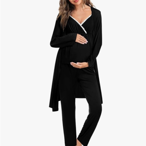 SWOMOG Maternity Nursing Robe Set 3 Piece Breastfeeding Pajamas 3 in 1 Labor Delivery Sleevless Tops&Long Pants Pregnancy Pjs