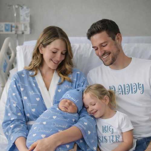 Matching Family Hospital Outfit Maternity Robe, Swaddle Set & Personalized Hat Coming Home New Baby Gift Dad Big Brother Big Sister T Shirt