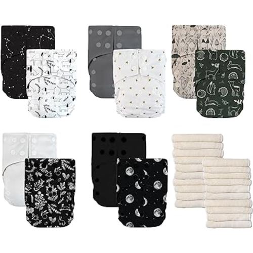 LA PETITE OURSE 10 One Size Printed Snap Cloth Diaper With 20 4-Layer Premium Bamboo Inserts, for Babies Weighing 10–35 Pounds - Black and White