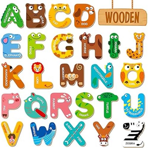 26 Magnetic Wooden Letters, Cute Animal Alphabet ABC Wood Magnets for Fridge Colorful Uppercase Animals Toys Set Educational Spelling Learning Games for Kids, Toddlers 3 4 5 Years Old