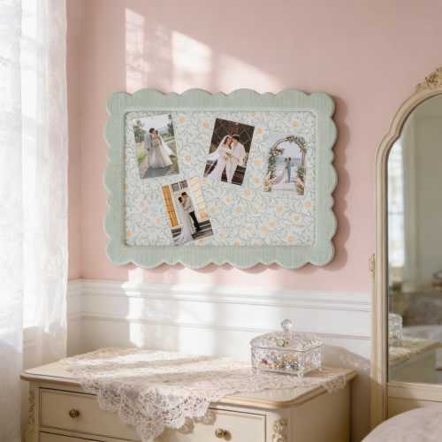 Scalloped Framed Pin Board, Cute Fabric Cork Board for Wall, Aesthetic Photo Display Board, Vintage Nursery Decor, Gift for Her