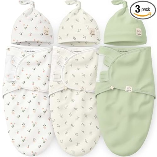 3pk Organic Swaddles for Newborns Girls, Boys & Hats (Fleur, 0-3M) | Soft Cotton Baby Sleep Sacks 0-3 Months, Breathable Baby Hats and Swaddles 0-3 Months, Newborn Essentials Must Haves