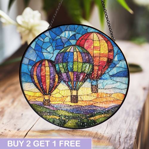 Vibrant Hot Air Balloons Stained Glass Panel, Colorful Handmade Window Art for Home or Gift