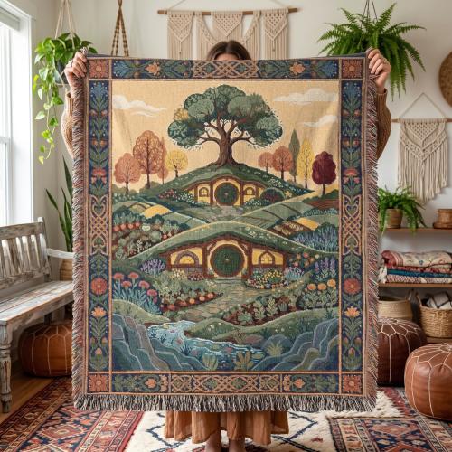 Halfling Village Round Door Woven Blanket, Fantasy Book Gift, Hillside Cottagecore Tapestry, Meadow Floral Throw, Bookish Aesthetic Decor