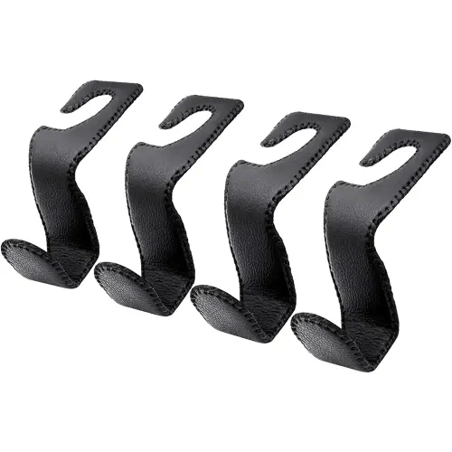 Seat Hooks for Purses and Bags, 4 Pack Car Purse Holder for Grocery Bag Handbag Clothes, Metal Headrest Hooks Covered by Leather, Black