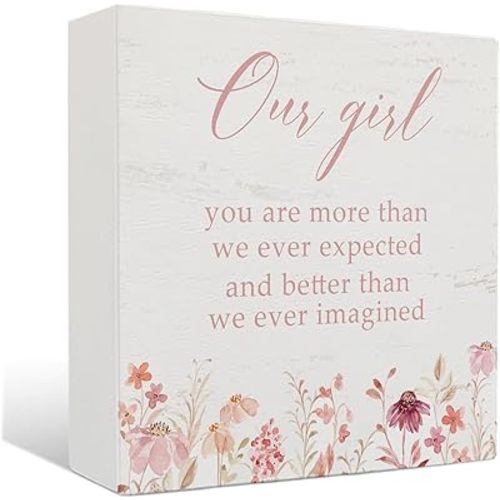 Nursery Decor Wooden Sign - Baby Girl Wooden Box Sign, Baby Shower Gifts for Girls, Nursery Girls Room Shelf Desk Decor, 5 X 5 Inches