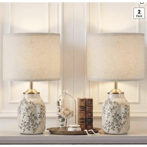 Tellingyou 2 Pcs 21" Vintage Green Ceramic Lamp with Beige Linen Shade