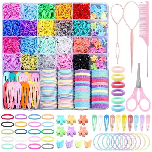 Livhil 26 Colors Hair Rubber Bands with Tail Hair Tools and Hair Clips, 1544 Pcs Elastic Baby Toddler Hair Ties, Hair Accessories for Girls