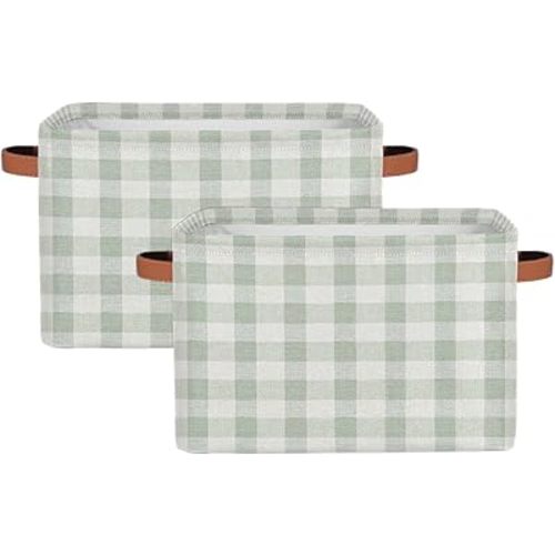 Collapsible Fabric Cube Storage Bins with Handles for Closet Shelves,Spring Light Green Gingham Checkered Plaid Foldable Organizer Baskets for Organizing Clothes Nursery Toy,2 Packs