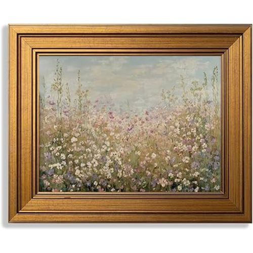 Gold Framed Vintage Wall Art Floral Countryside Landscape Wildflowe Painting Picture Wall Decor Pastel Floral Landscape Poster Print Artwork for Living Room Bedroom Bathroom Office Home Decoration