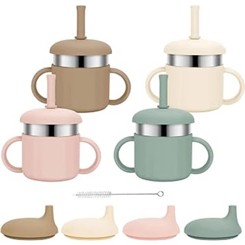 Baby Sippy Cups, 7.4 Oz Baby Cups, 3 Stages Training Cup, Straw Cup for Infants Toddlers 6-12 Month and Kids 1-3 Year, Stainless Steel Kid Cups with Silicone Straws, 4 Colors