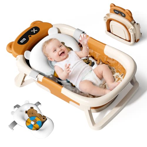 Collapsible Baby Bathtub for Newborn to Toddler (0-18 Months) - Foldable Baby Bath Tub with Soft Towel, Newborn& Infant Bathtub for Travel and Outdoor, Brown