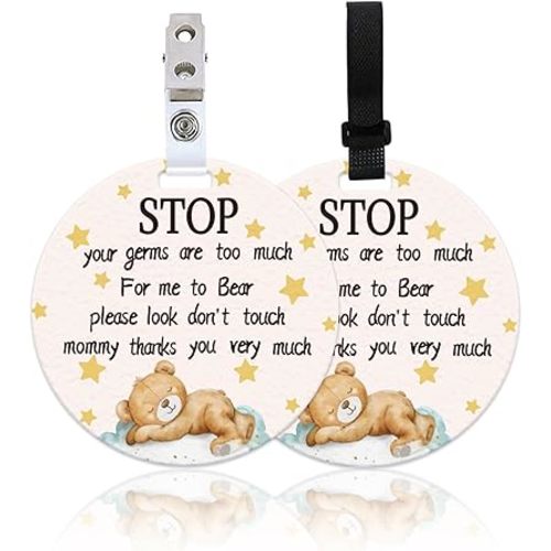 ORIGACH 2 Pack Bear Don't Touch or Kiss Baby Signs, Stop Do Not Touch Baby Car Seat Sign Stroller Tags with Hanging Strap and Clip, No Touching Baby Sign for Newborn Neutral Baby Preemie