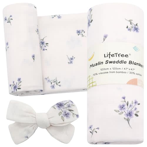 LifeTree Baby Muslin Swaddle Blankets for Boys & Girls, Newborn Swaddle Set with Matching Headband Bow, Infant Blanket Wrap, 47 x 47 inches, Purple Flower, 70% Viscose from Bamboo and 30% Cotton