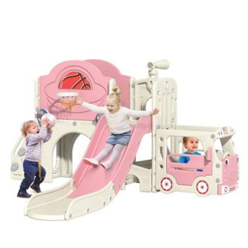 Sandinrayli 9-in-1 Toddler Slide, Bus-Themed Baby Slide and Climber Playset with Basketball Hoop, Pink