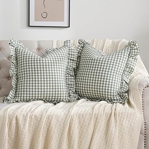 2 Pack Sage Green/White Plaid Ruffle Throw Pillow Covers Farmhouse Checkered Chic Washed Cotton Pillowcases Gingham Pillow Shams for Bed, Sofa, Living Room-20"x20" Sage Green