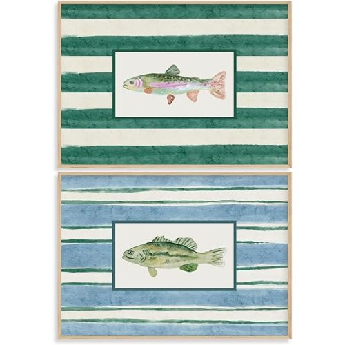 Fish Wall Art Watercolor Fishing Canvas Wall Decor Trendy Vintage Fish Poster Fishing Aesthetic Room Picture Retro Coastal Decor Prints Artwork for Boys Nursery Lake House Kitchen 12x16x2 In Unframed