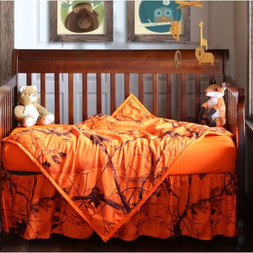 Realtree Blaze Orange Camo Baby Toddler Crib Set, Bedding Sheet Skirt Blanket