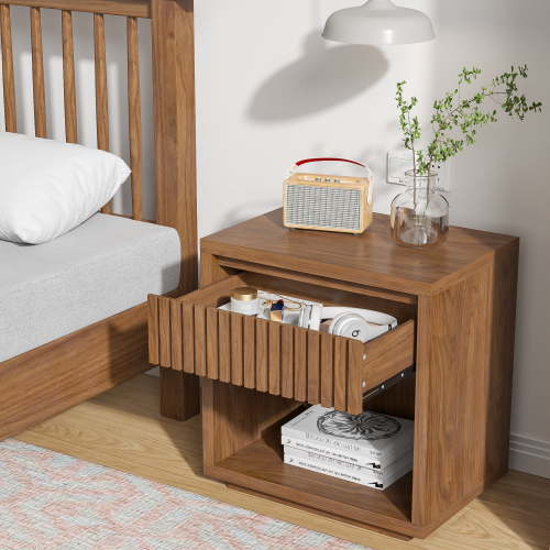 Nightstand with Drawer, Mid Century Nightstands with Open Storage Shelf, Wood Bedside Table