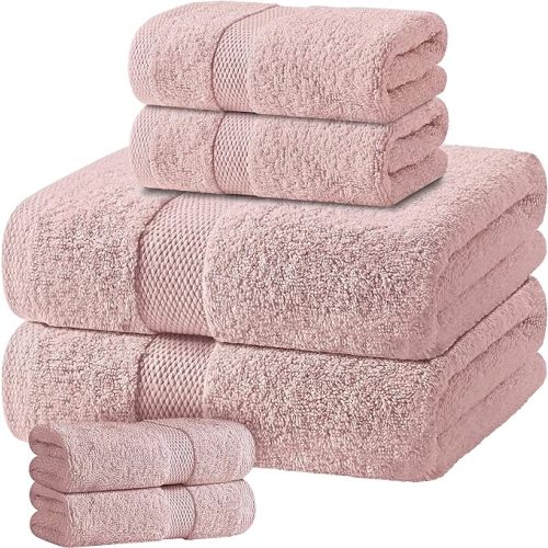 White Classic Pink Bath Towel Set of 6-100% Cotton Highly Absorbent Towels for Bathroom, 2 Luxury Bath Towels 650GSM, 2 Hand Towels, 2 Washcloths