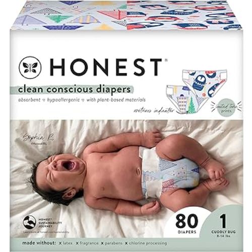 The Honest Company Clean Conscious Diapers | Plant-Based, Sustainable | Winter '23 Limited Edition Prints | Club Box, Size 1 (8-14 lbs), 80 Count