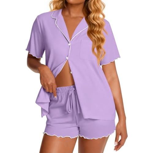 Ekouaer Viscose from Bamboo Women Pajama Sets Button Up Cooling Pjs Short Sleeve Ruffle Sleepwear 2 Piece Lounge Shorts Set