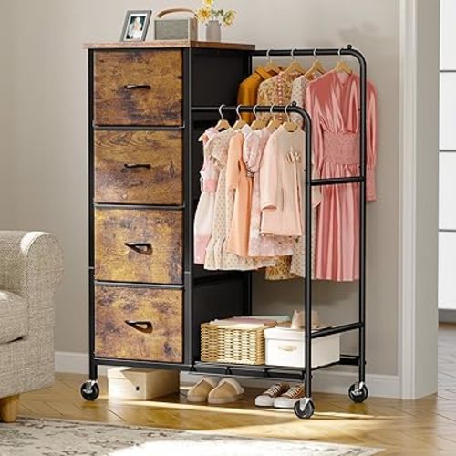 Romorgniz 47.3" H Dresser with Hanging Rack, 4 Fabric Drawers with Double Clothes Rack & Wheels, Tall Closet Organizer Dresser for Bedroom, Entryway, Rustic Brown, 15.8" D x 29.9" W x 47.3" H