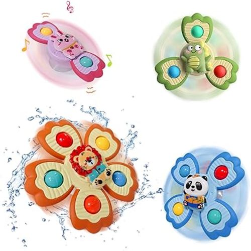 BENSE Suction Cup Spinner for Babies, Bath Toys for Babies, Novelty Spinning Tops for Airplane Travel, Baby Tray, Restaurant,Calming Toys 4 Pack (Animal)