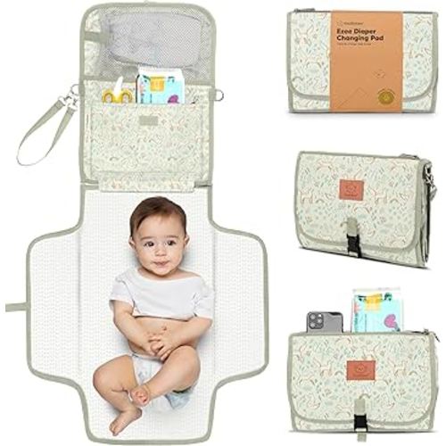 KeaBabies Portable Diaper Changing Pad - Large Waterproof Baby Changing Mat, Compact Travel Diaper Clutch, Functional Pockets Fit Newborn Essentials, Wipeable & Padded Baby Changer (Fox Vale)
