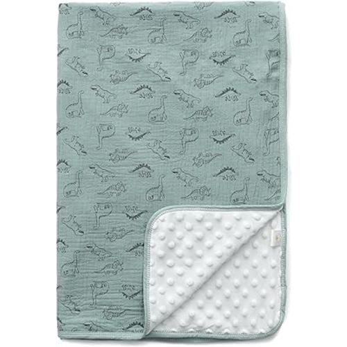 Baby Blanket for Unisex Boys Girls Nursery Minky Blankets with Muslin Cotton Front Dotted Fleece Backing Double Layer Bed Throws Pattern Sage Green Dinosaur
