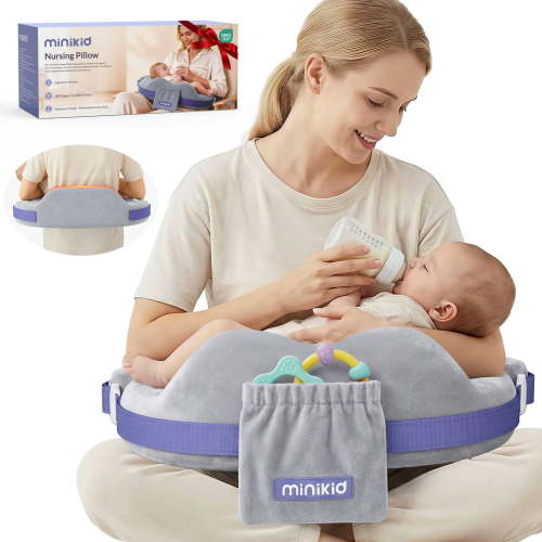 Minikid Nursing Pillow for Breastfeeding,60D Firm Memory Foam, Ergonomic Design with Lumbar & Arm Support, Safety Fence, Adjustable,Safe and Comfortable Feeding