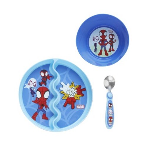 Spider-Man 3pc Mealtime Set with Divided Suction Plate, Bowl and Spoon: BPA-Free, Stainless Steel, Non-Slip Bottom