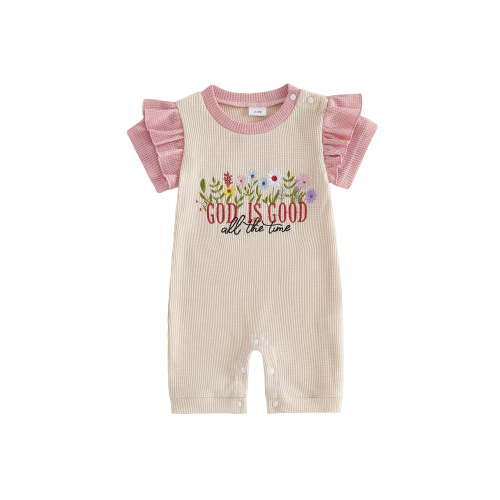 BemeyourBBs Baby Girl God Is Good All the Time Outfit Newborn Baby Girl Spring Summer Fall Christening Clothes Waffled Romper Ruffle Sleeve Letters and Floral Embroidery One Pieces Jumpsuit