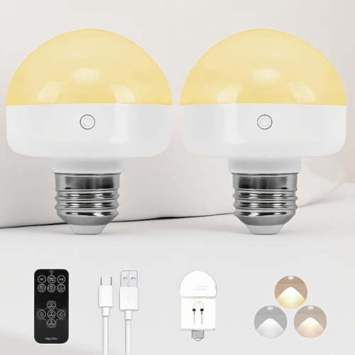 2 Pack Rechargeable Light Bulbs with Remote, 7W 350LM E26 Operated Bulb for Sconce, 3 Color Temps, Outage Use