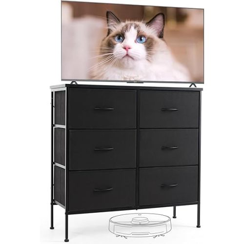 Sweetcrispy Dresser for Bedroom, TV Stand, 6-Drawer Fabric Storage Cabinet, Console Table, Entertainment Center and Closet Organizers for Living Room Furniture, Black