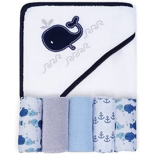 Viviland Baby Towels and Washcloths, Soft Absorbent Baby Boy Bath Towel Set, Whale Hooded Towels with 5 Infant Washcloths (6 Pieces)