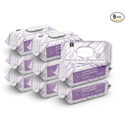 Amazon Elements Baby Wipes, Sensitive, Unscented, Cleans Gently, 810 Count, Flip-Top Packs, Pack of 9