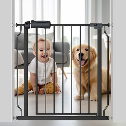 Fairy Baby Walk Through Black Baby Gate 29-34 Inch Wide for Stairs, Pressure Mounted Safety Gate with Door No Drill, Tension Metal Gate for Dog and Toddler