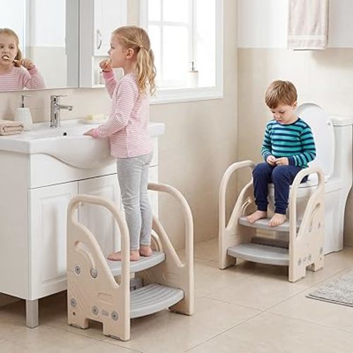Costzon Toddler Step Stool for Bathroom Sink, Adjustable 2-Step Kids Helper Stool with Safety Handles & Non-Slip Pads, Convertible Plastic Ladder for Bedroom Kitchen Counter Potty Training, Grey