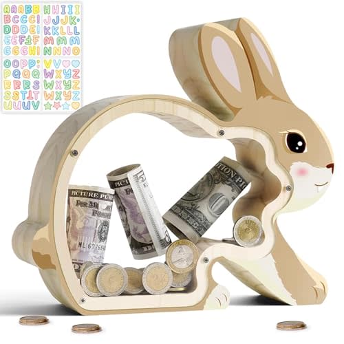 Uniwooder Wooden Bunny Piggy Bank for Kids, Unbreakable Rabbit Coin Bank for Kids with Letter Sticker, Wooden Cashbox Money Jar Personalizable Christmas, Birthday Gift, Educational Toy for Boys, Girls