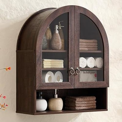 IFGET Bathroom Arched Wall Cabinet, 23.6'' Wide Medicine Cabinet with Adjustable Shelves & Glass Doors, Over The Toilet Storage Wall Mount Cabinet for Laundry Room, Kitchen & Living Room, Dark Walnut